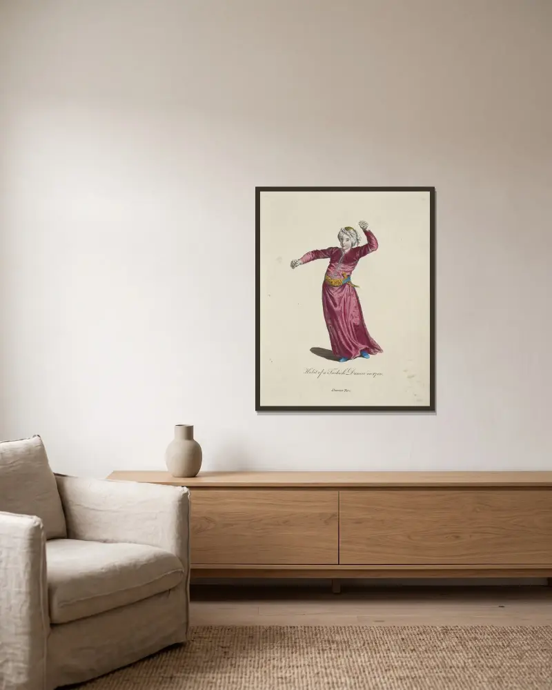 Habit of a Turkish dancer in 1700. Danceur Turc. av Charles Grignion inramad på en vägg
