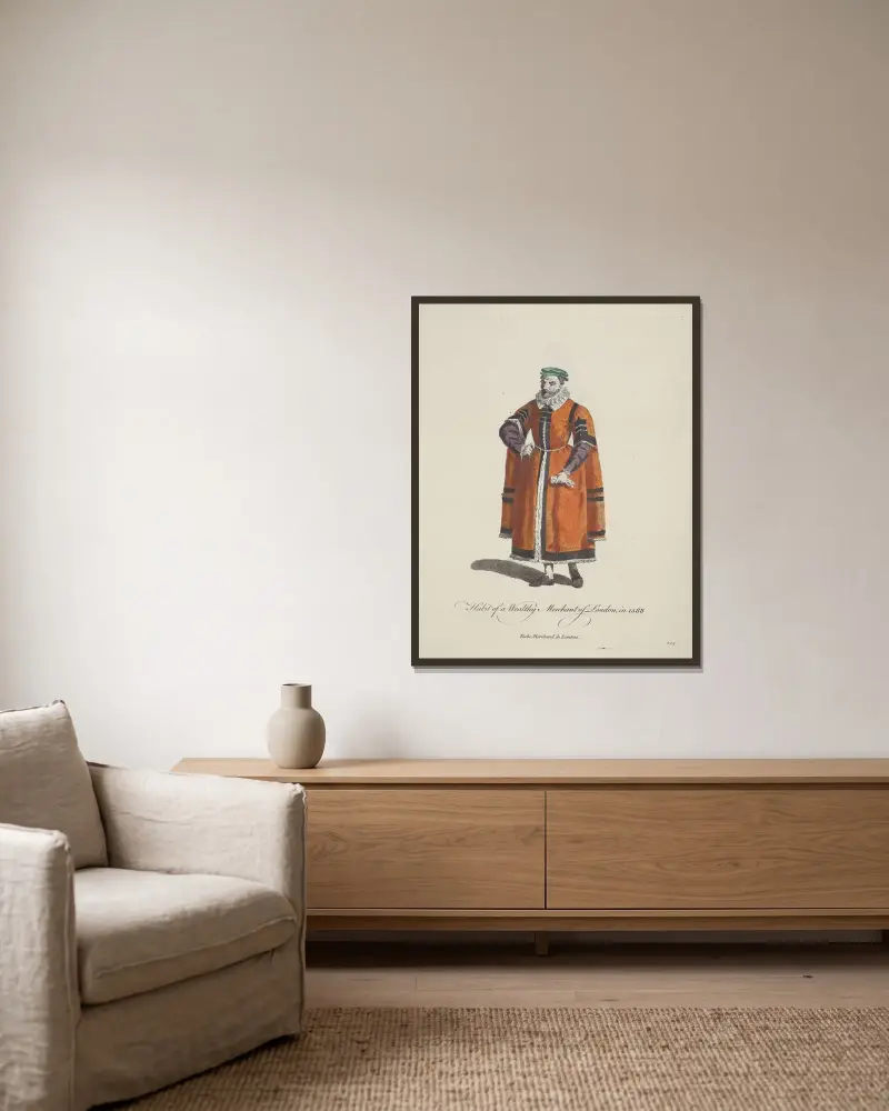 Tracht eines reichen Kaufmanns aus London im Jahr 1588 von Charles Grignion gerahmt an einer Wand