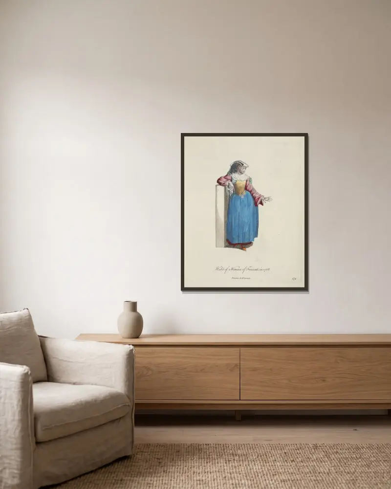 Tracht einer Frau aus Frascati im Jahr 1768 von Charles Grignion gerahmt an einer Wand
