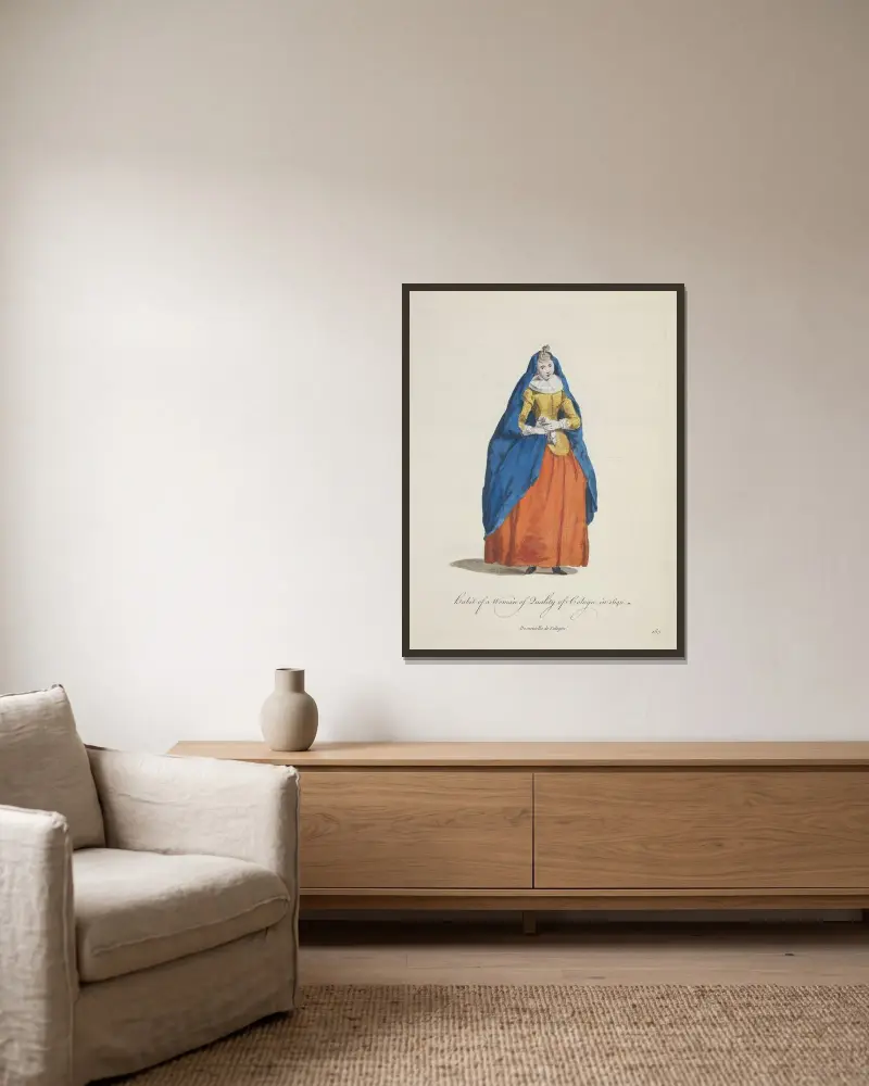 Kölner Frau von Stand 1640. Demoiselle de Cologne. von Charles Grignion gerahmt an einer Wand