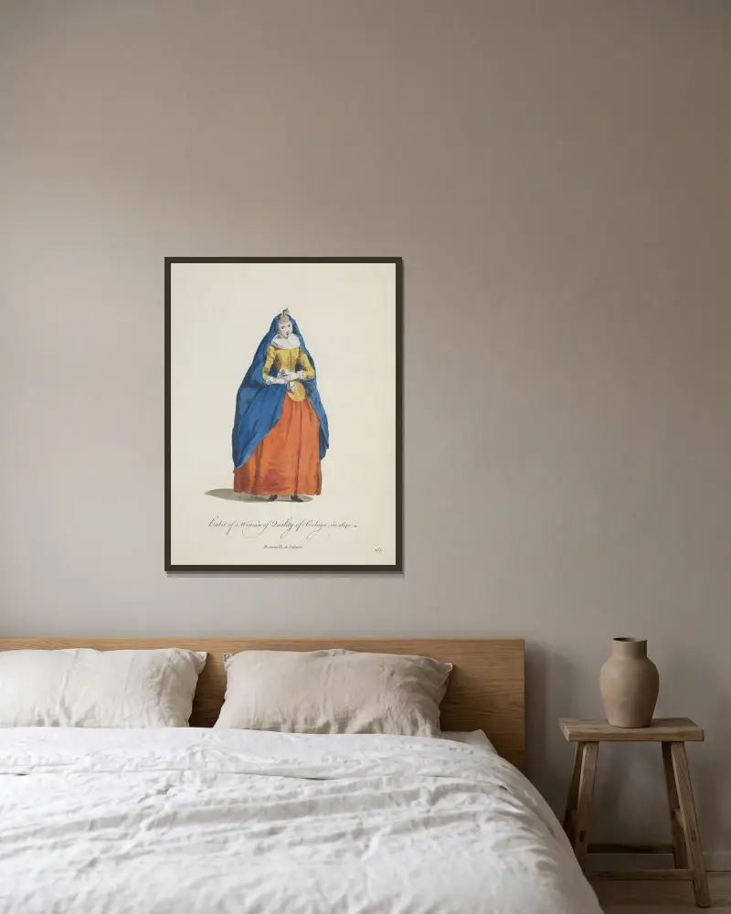 Kölner Frau von Stand 1640. Demoiselle de Cologne. von Charles Grignion gerahmt an einer Wand
