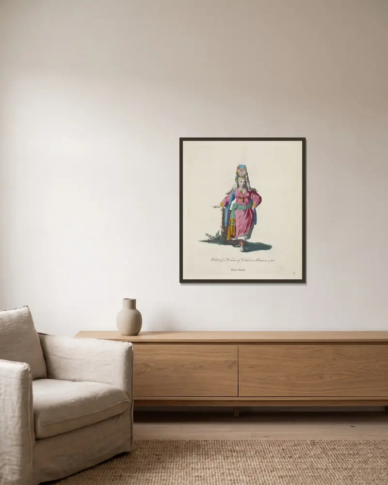 Tracht einer Frau der Wotjaken in Sibirien im Jahr 1768. Femme Wotiake. von Charles Grignion gerahmt an einer Wand