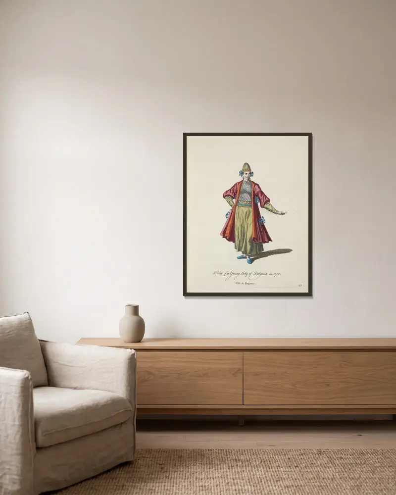 Tracht einer jungen Bulgarin aus dem Jahr 1700 von Charles Grignion gerahmt an einer Wand