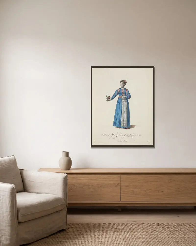 Oděv mladé dámy z Valašska roku 1700. Demoiselle Valaque., Charles Grignion v rámu na stěně