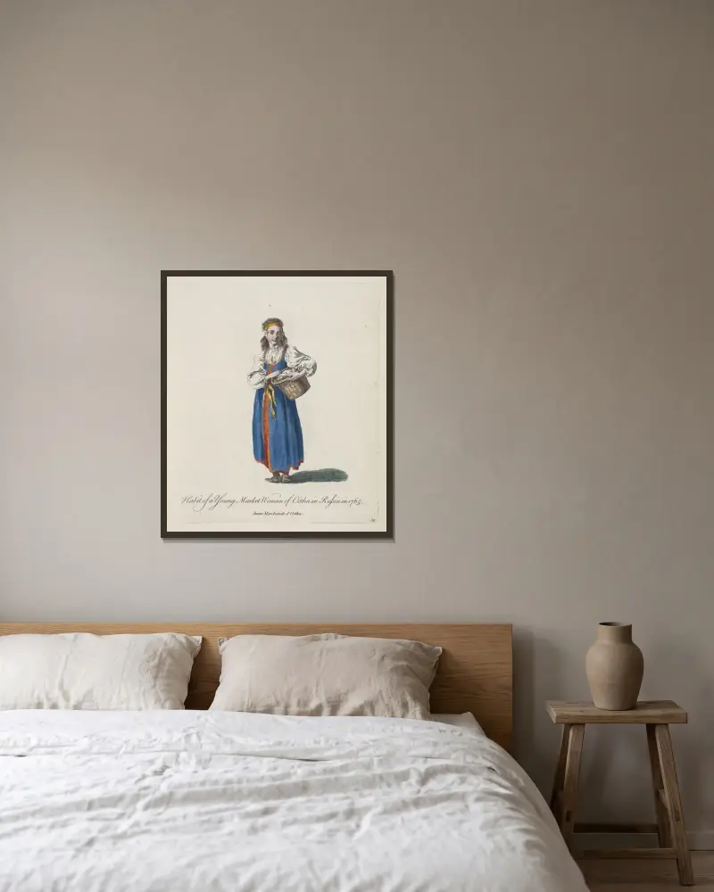 Tracht einer jungen Marktfrau aus Ochta in Russland 1765 von Charles Grignion gerahmt an einer Wand