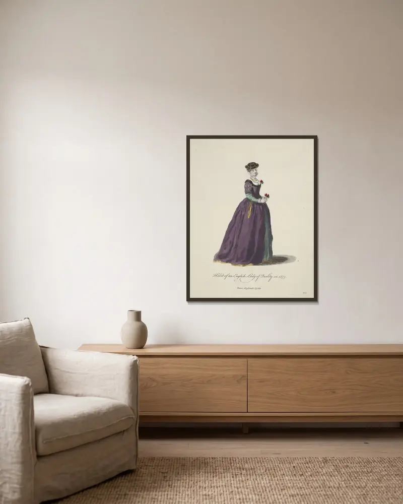 Tracht einer englischen Dame von Stand im Jahr 1577 von Charles Grignion gerahmt an einer Wand