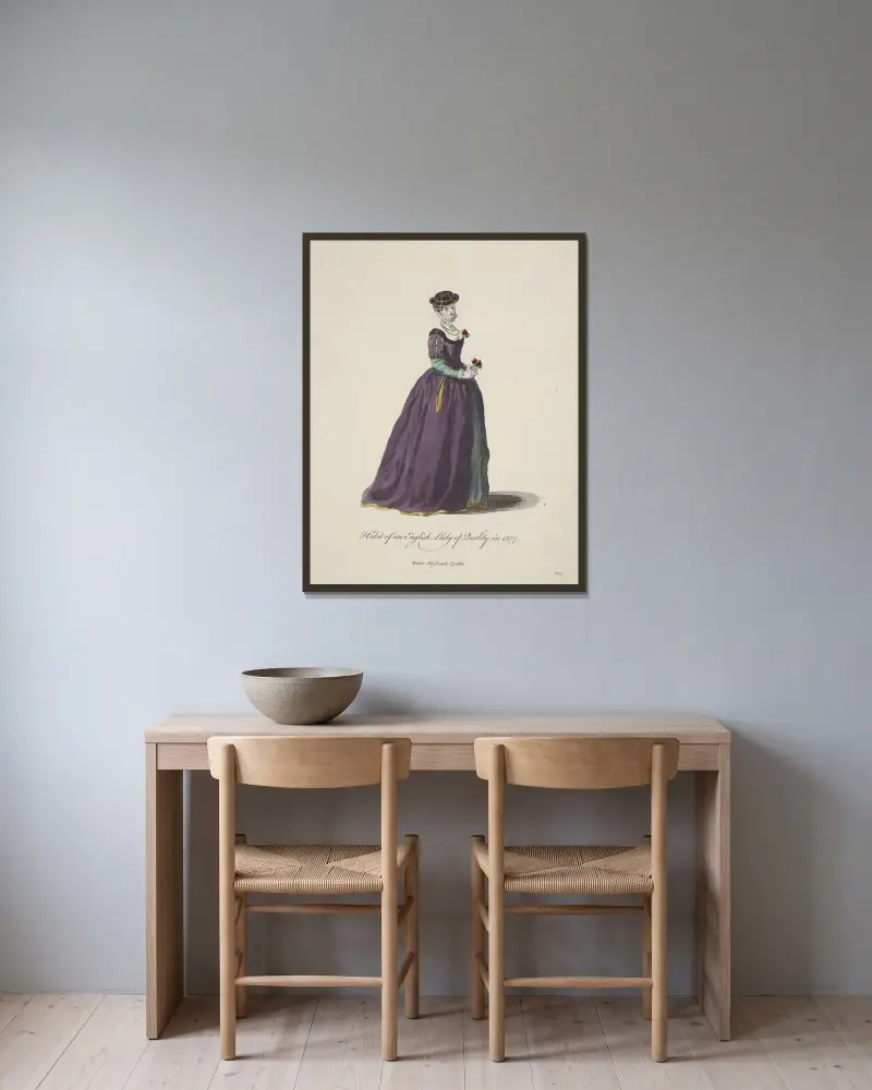 Tracht einer englischen Dame von Stand im Jahr 1577 von Charles Grignion gerahmt an einer Wand
