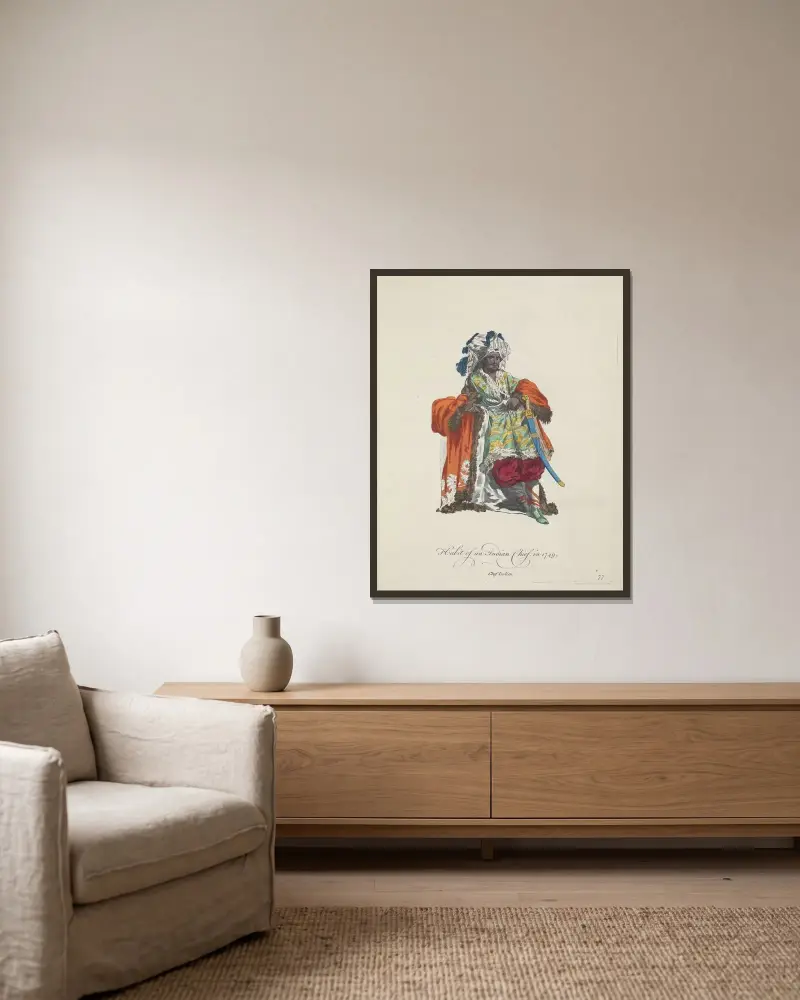Habit of an Indian chief in 1749. Chef Indien. av Charles Grignion inramad på en vägg