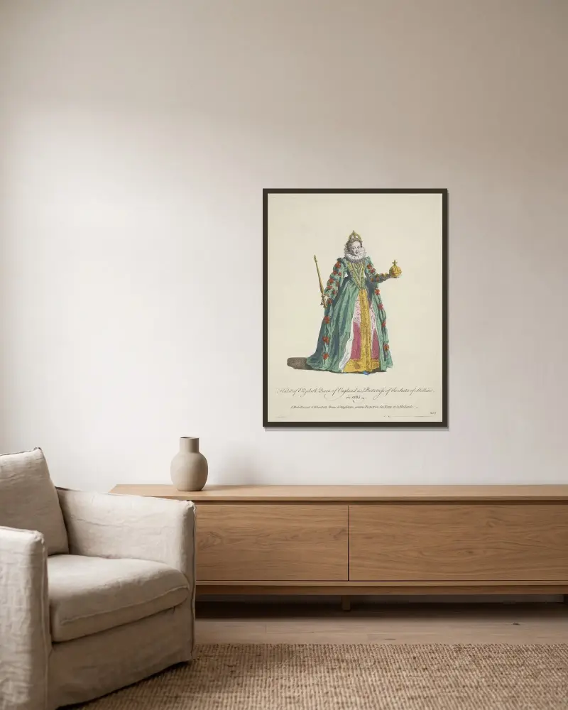 Tracht der Elisabeth, Königin von England, als Beschützerin der Staaten von Holland von Charles Grignion gerahmt an einer Wand