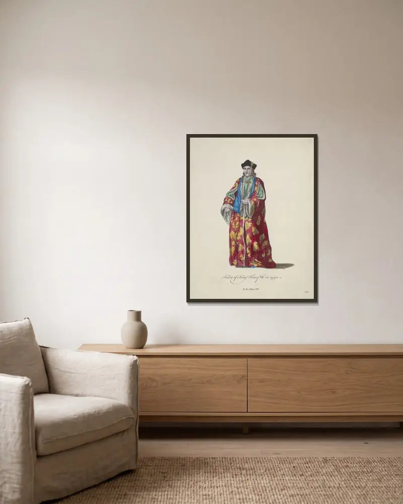 Tracht von König Heinrich II. im Jahr 1490. König Heinrich VII. von Charles Grignion gerahmt an einer Wand