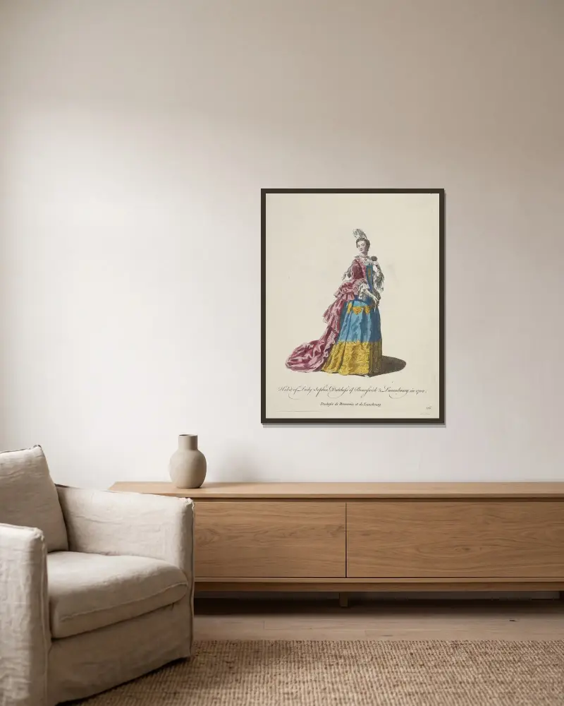 Habit of lady Sophia, Dutchess of Brunswick & Lunenbourg in 1700. Duchesse de Brunsuic et de Lunebourg. av Charles Grignion inramad på en vägg