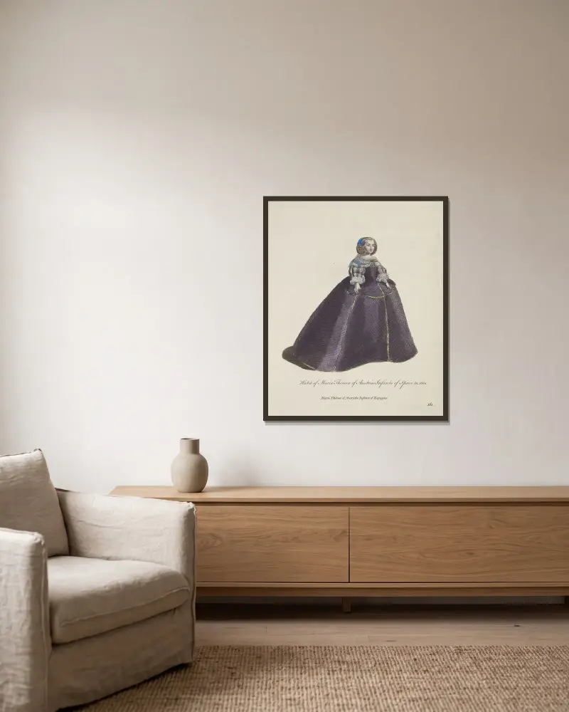 Tracht der Maria Theresia von Österreich, Infantin von Spanien, im Jahr 1660. Marie Thérese d’Autriche Infante d’Espagne. von Charles Grignion gerahmt an einer Wand