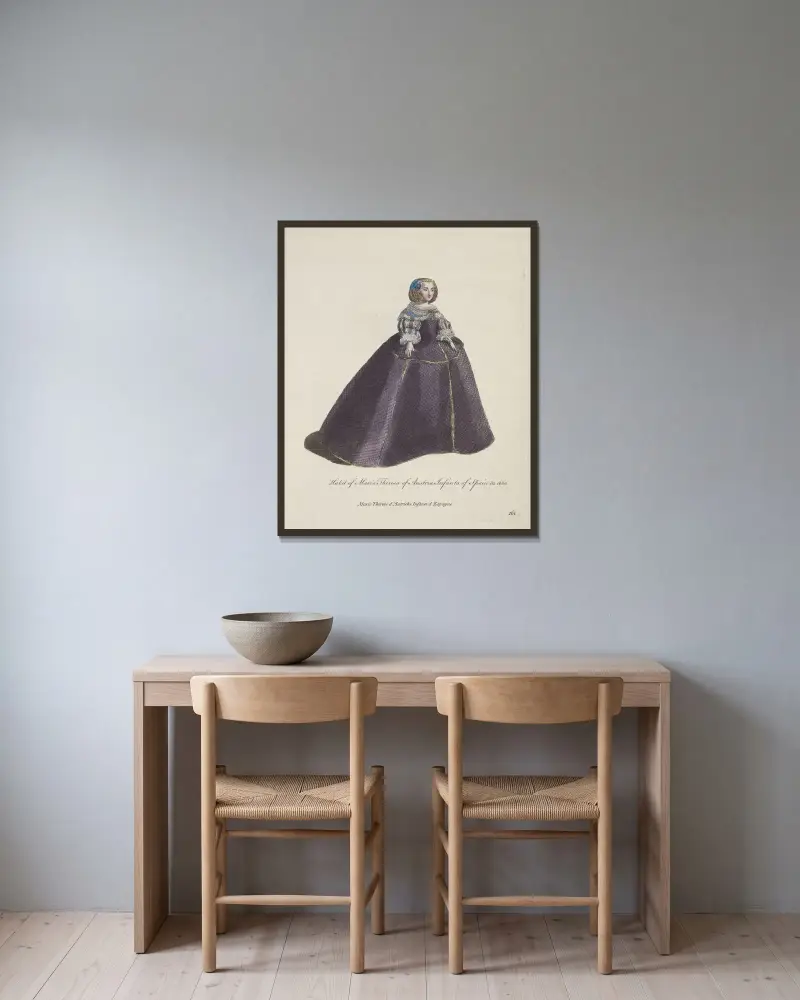 Tracht der Maria Theresia von Österreich, Infantin von Spanien, im Jahr 1660. Marie Thérese d’Autriche Infante d’Espagne. von Charles Grignion gerahmt an einer Wand