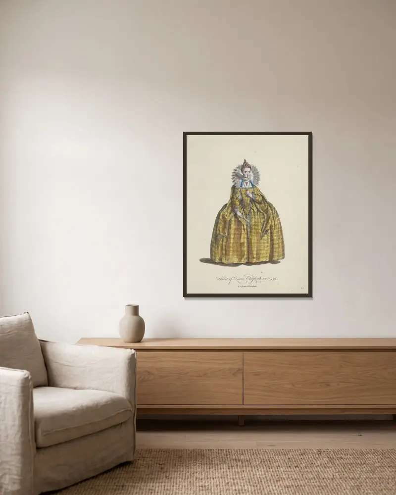Strój królowej Elżbiety w 1559 roku. Królowa Elżbieta, Charles Grignion w ramie na ścianie