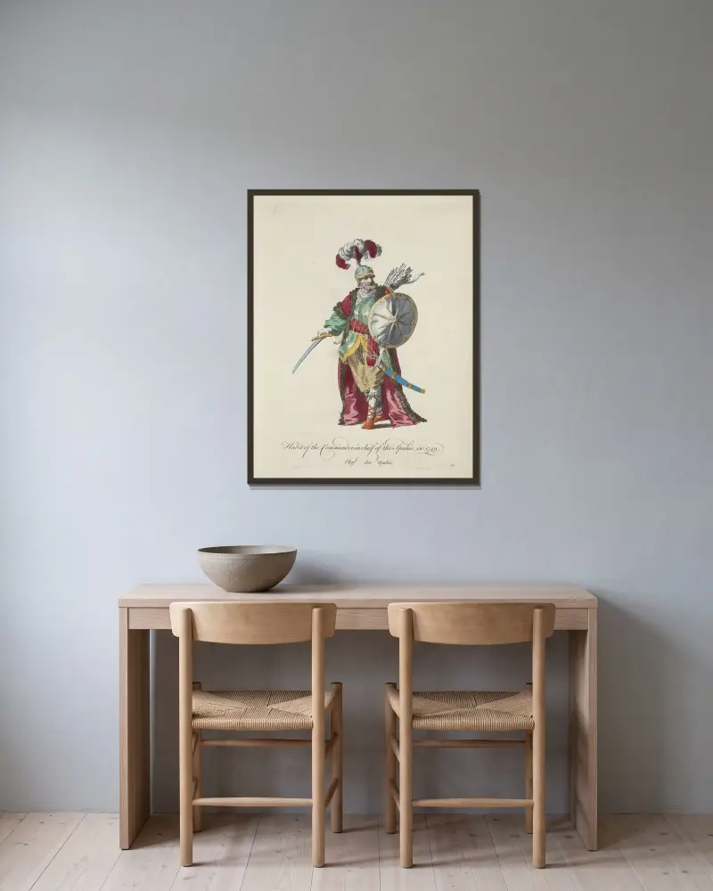Tracht des Oberbefehlshabers der Spahis, 1749. Chef des Spahis von Charles Grignion gerahmt an einer Wand