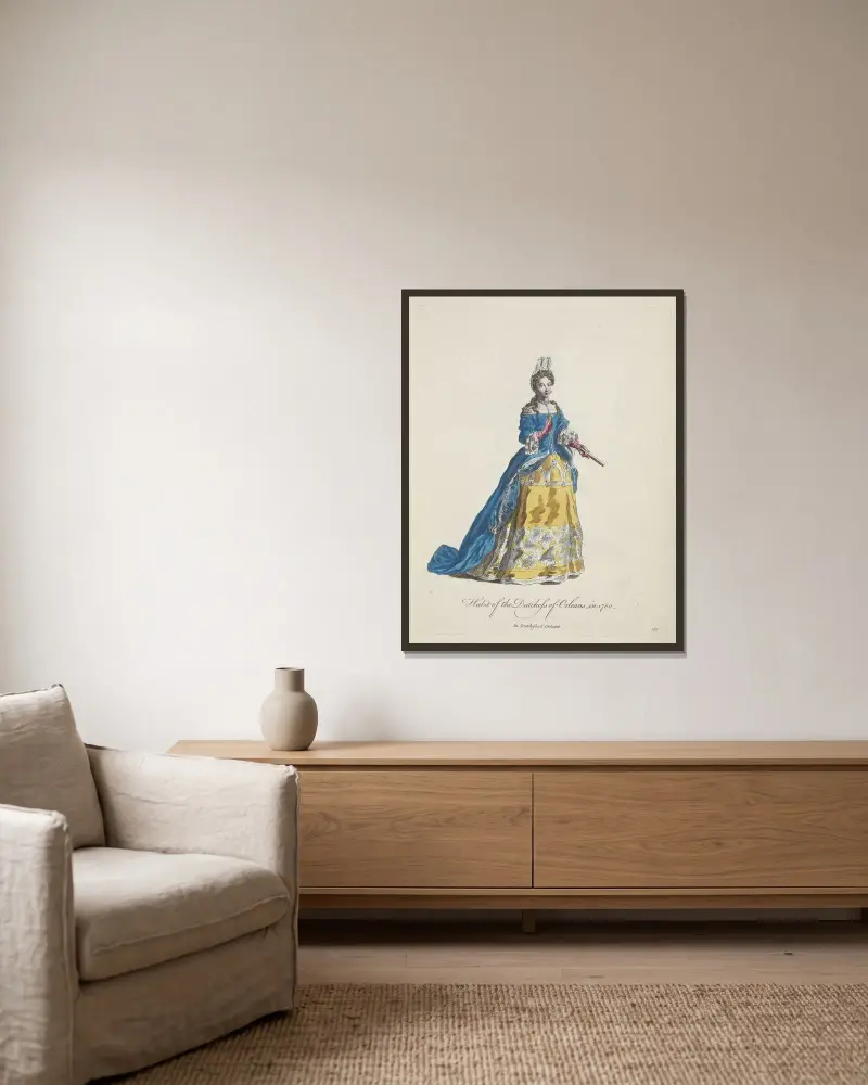 Habit of the Dutchess of Orleans in 1700. La Dutchesse d’Orleans. av Charles Grignion inramad på en vägg