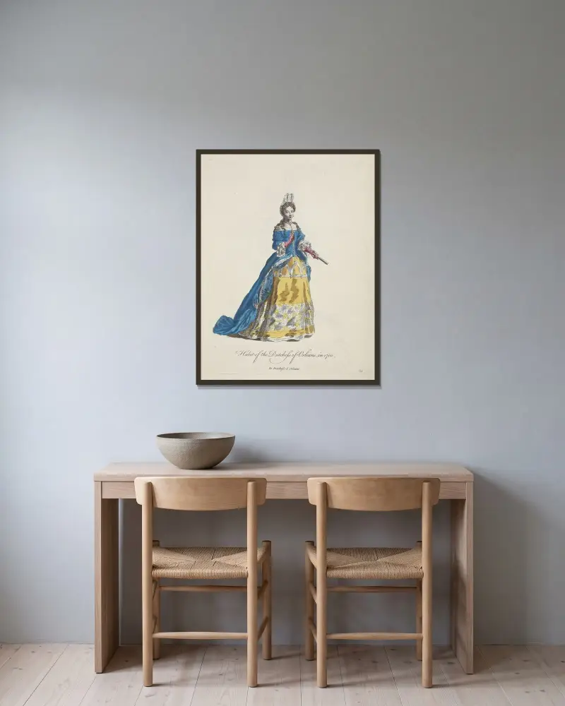 Habit of the Dutchess of Orleans in 1700. La Dutchesse d’Orleans. av Charles Grignion inramad på en vägg