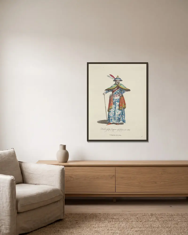 Tracht des chinesischen Kaisers, 1667 von Charles Grignion gerahmt an einer Wand