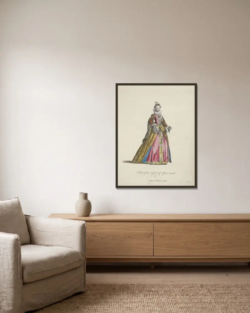 Spanische Infantinnen-Tracht 1568 von Charles Grignion gerahmt an einer Wand