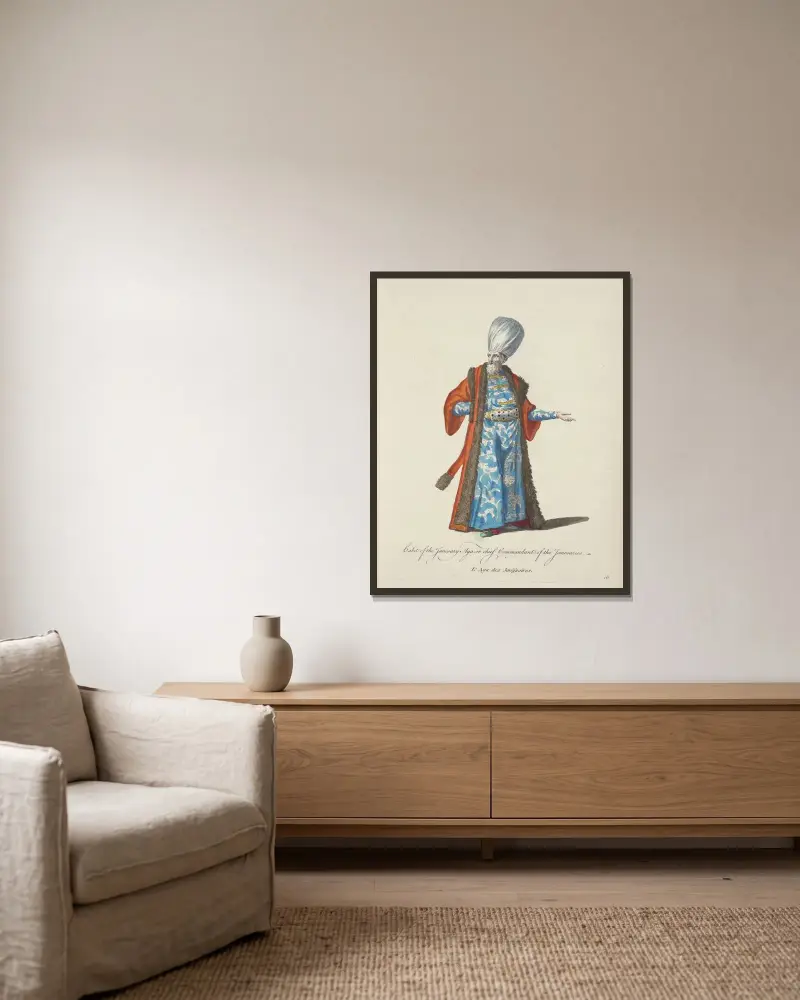 Tracht des Janitscharen-Aga, oder Oberbefehlshaber der Janitscharen. L’Aga des Janissaires von Charles Grignion gerahmt an einer Wand