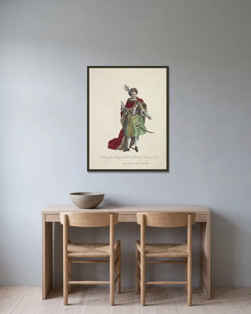 Tracht des Königs von Polen und Kurfürsten von Sachsen 1700 von Charles Grignion gerahmt an einer Wand