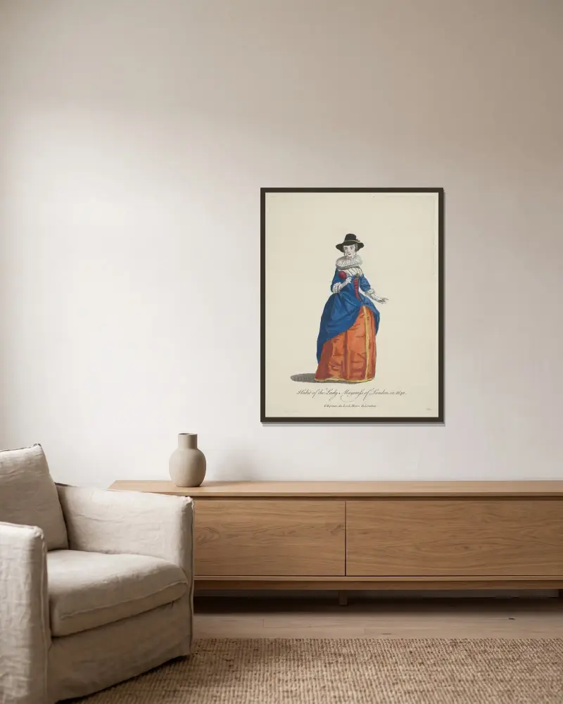 Tracht der Frau des Lordmayors von London 1640 von Charles Grignion gerahmt an einer Wand