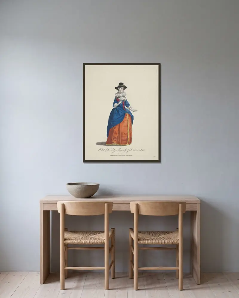 Tracht der Frau des Lordmayors von London 1640 von Charles Grignion gerahmt an einer Wand