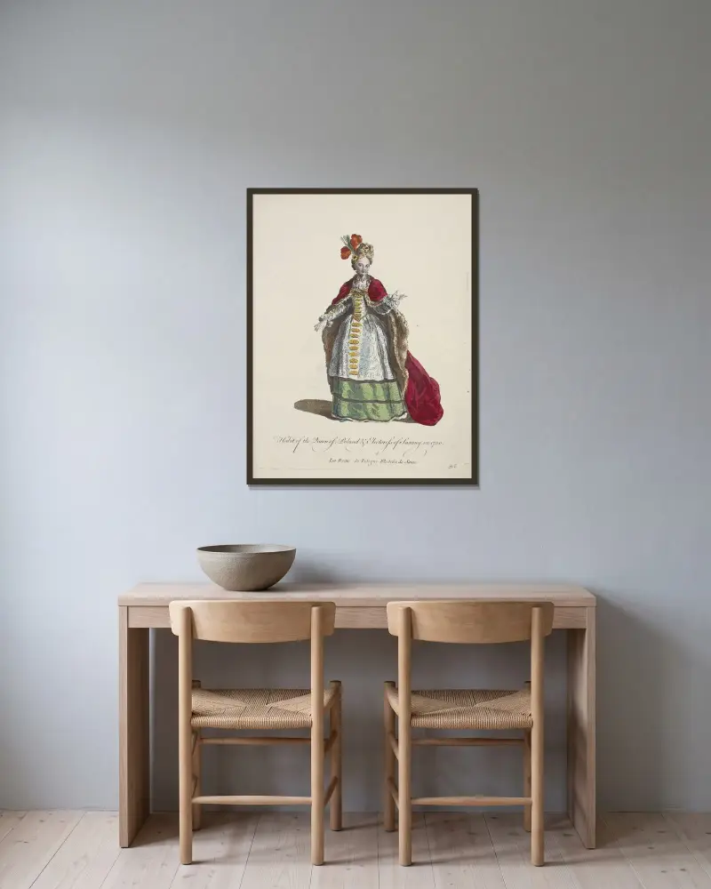 Tracht der Königin von Polen und Kurfürstin von Sachsen im Jahr 1700. La Reine de Pologne Electrice de Saxe von Charles Grignion gerahmt an einer Wand