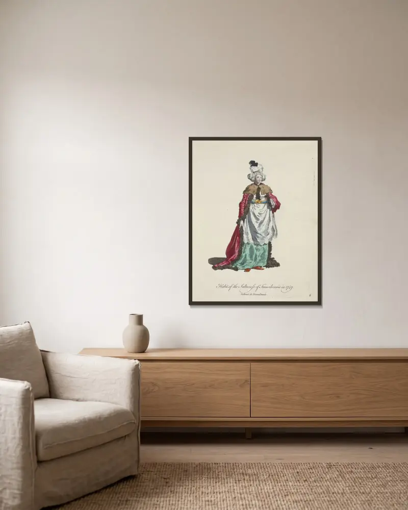 Sultaninnan av Transsylvaniens dräkt 1749 av Charles Grignion inramad på en vägg