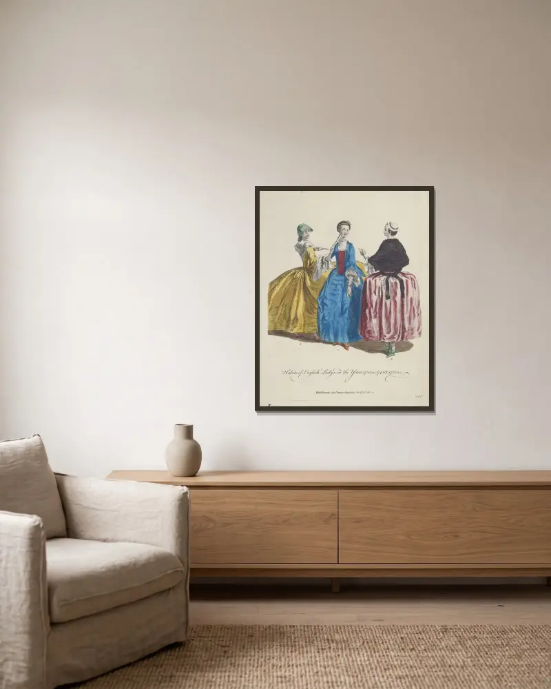 Gewohnheiten englischer Damen in den Jahren 1735 (a) 1745 (b) 1755 (c) von Charles Grignion gerahmt an einer Wand