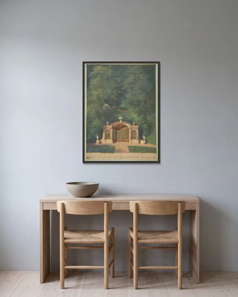 A garden pavilion in a forested landscape av Jules-Edmond-Charles Lachaise inramad på en vägg