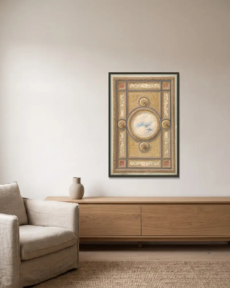 Design för ett snidat och målat tak med moln och ankor i den centrala runda panelen av Jules-Edmond-Charles Lachaise inramad på en vägg