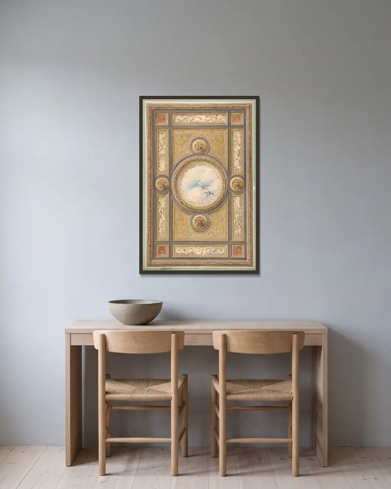 Design för ett snidat och målat tak med moln och ankor i den centrala runda panelen av Jules-Edmond-Charles Lachaise inramad på en vägg
