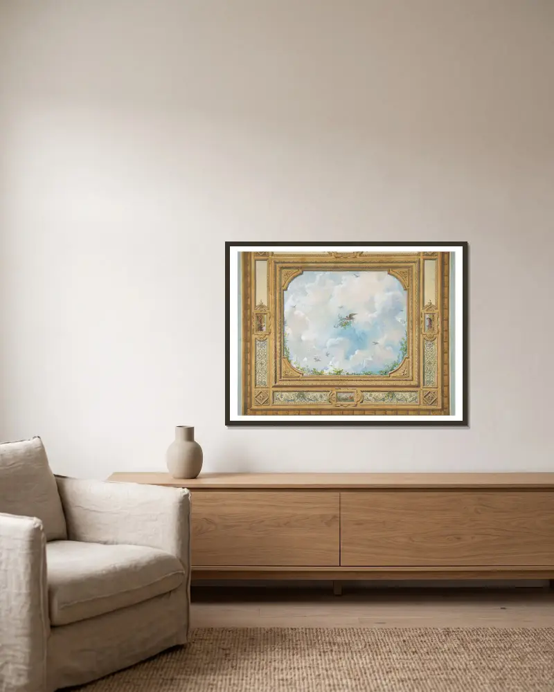 Design for a ceiling decorated with clouds and birds av Jules-Edmond-Charles Lachaise inramad på en vägg