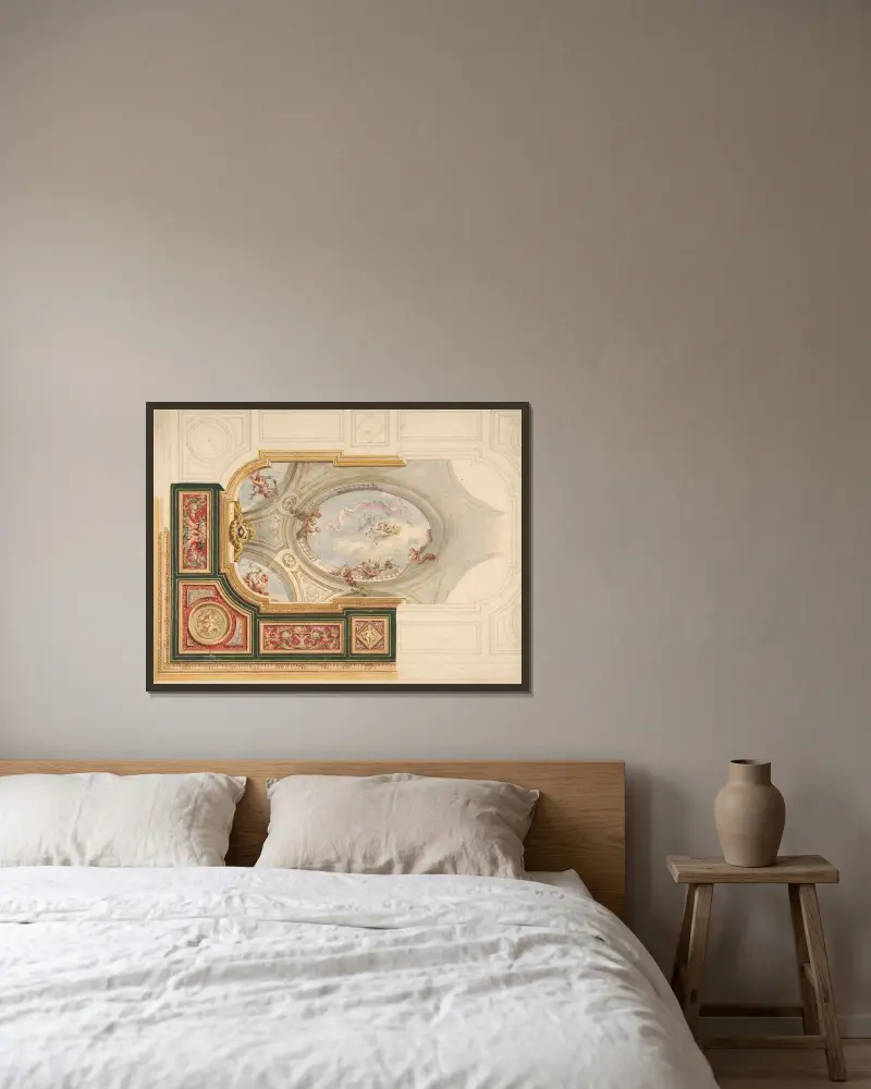 Design för tak i barockstil med mittpanel i trompe l’oeil av Jules-Edmond-Charles Lachaise inramad på en vägg