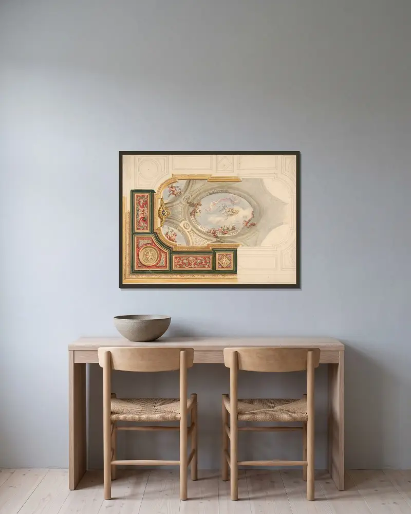 Design för tak i barockstil med mittpanel i trompe l’oeil av Jules-Edmond-Charles Lachaise inramad på en vägg