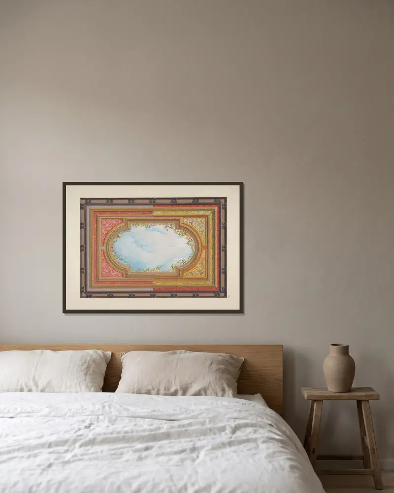 Takdekoration med trompe l’oeil-moln av Jules-Edmond-Charles Lachaise inramad på en vägg