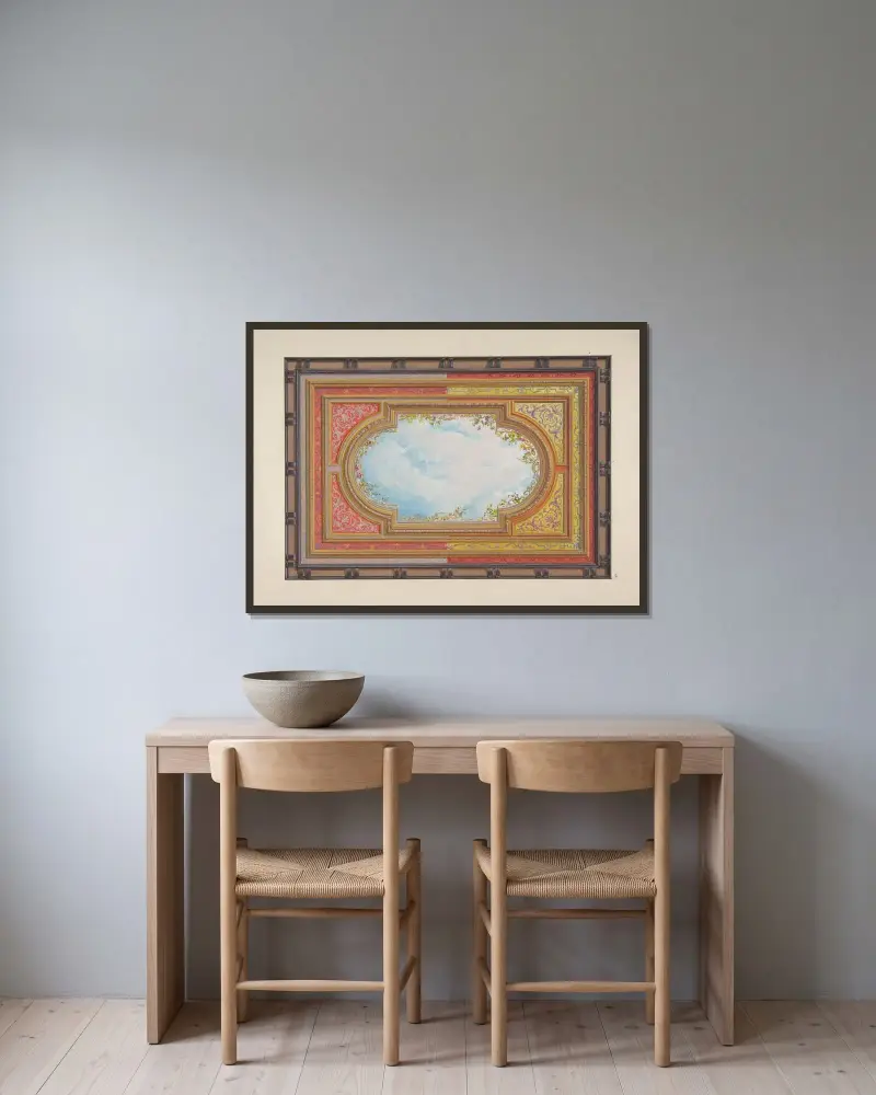 Takdekoration med trompe l’oeil-moln av Jules-Edmond-Charles Lachaise inramad på en vägg
