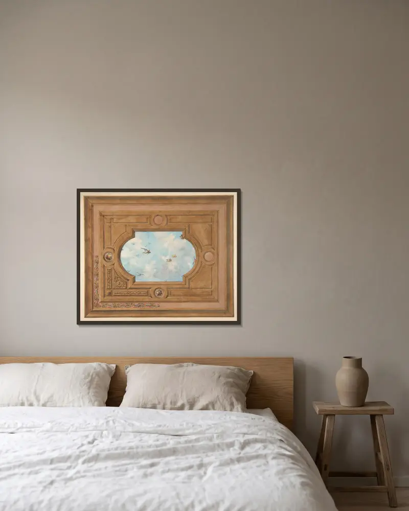 Takdekor med fåglar och trompe l'oeil-himmel av Jules-Edmond-Charles Lachaise inramad på en vägg