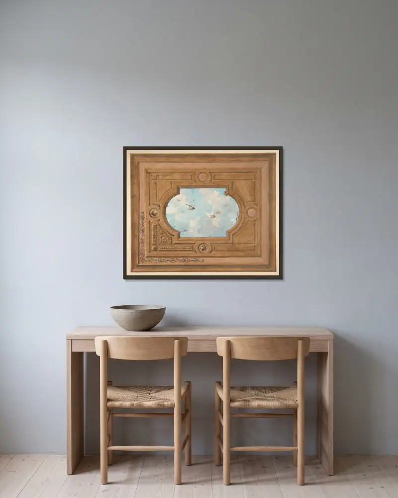 Takdekor med fåglar och trompe l'oeil-himmel av Jules-Edmond-Charles Lachaise inramad på en vägg