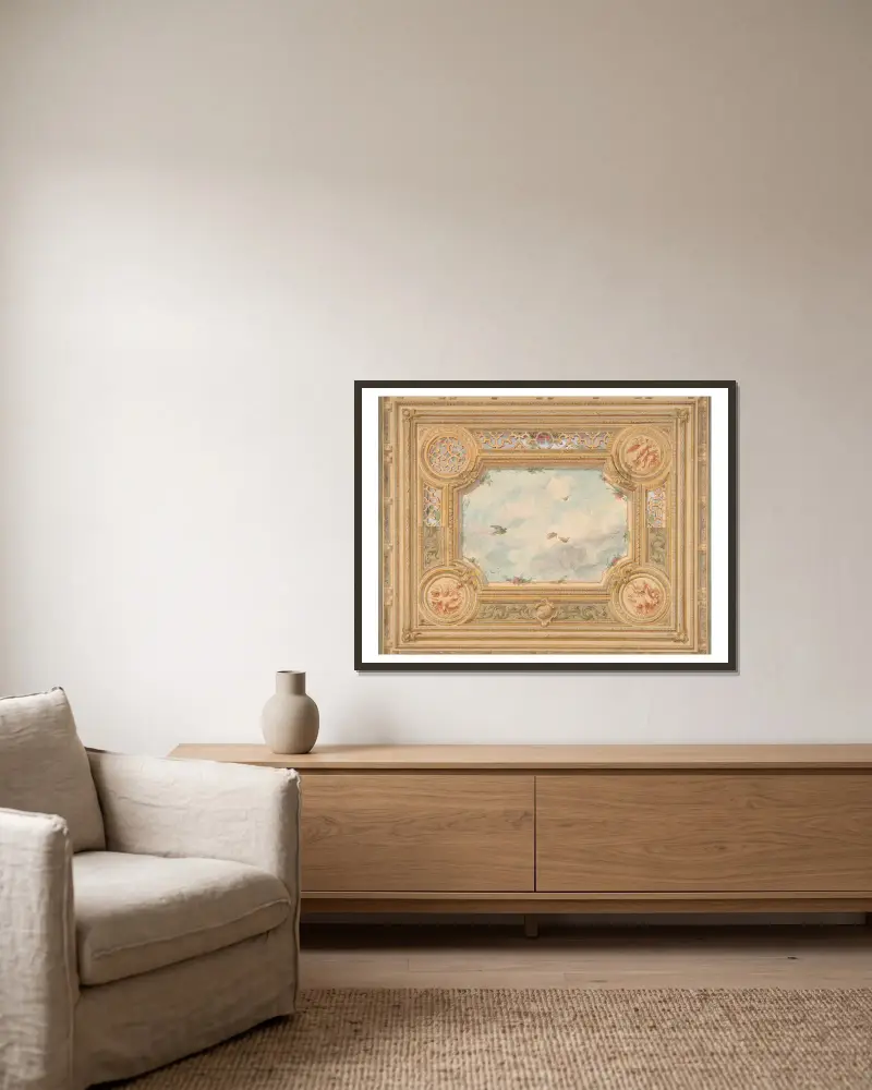 Design for a ceiling with four medallions and sky motif in center av Jules-Edmond-Charles Lachaise inramad på en vägg