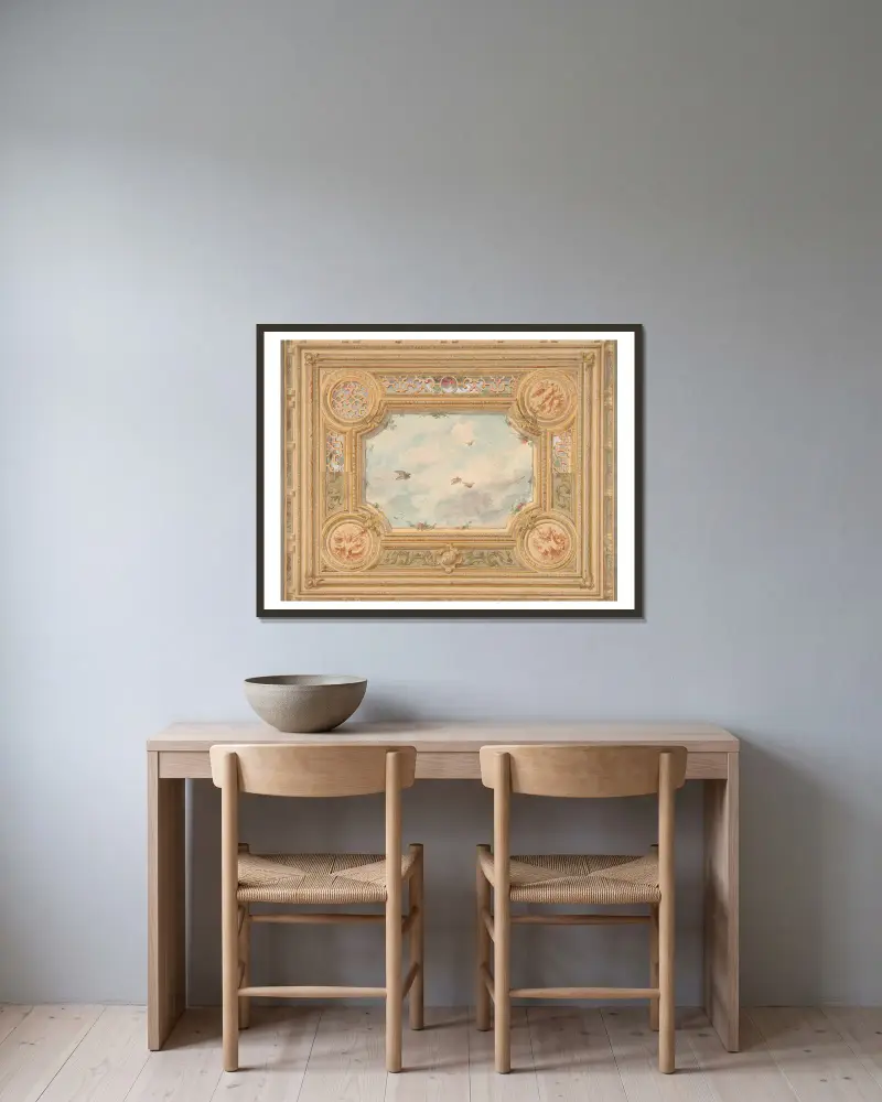 Design for a ceiling with four medallions and sky motif in center av Jules-Edmond-Charles Lachaise inramad på en vägg