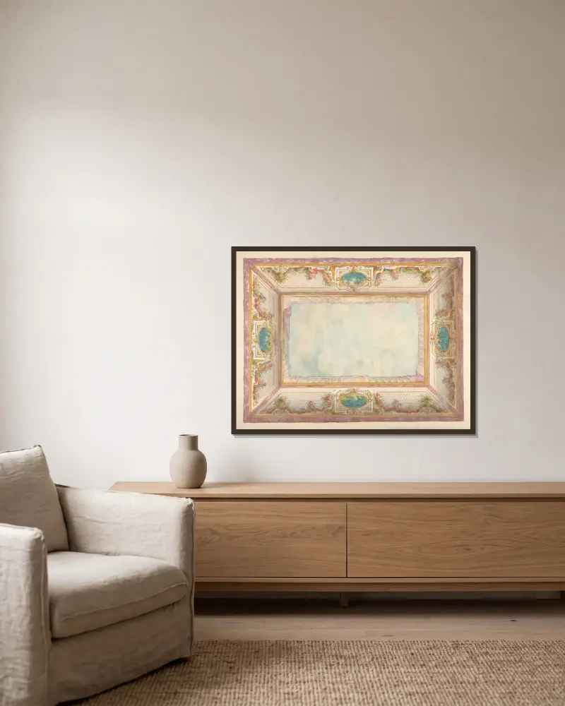 Takdekor med trompe l'oeil-balustrad och putti av Jules-Edmond-Charles Lachaise inramad på en vägg