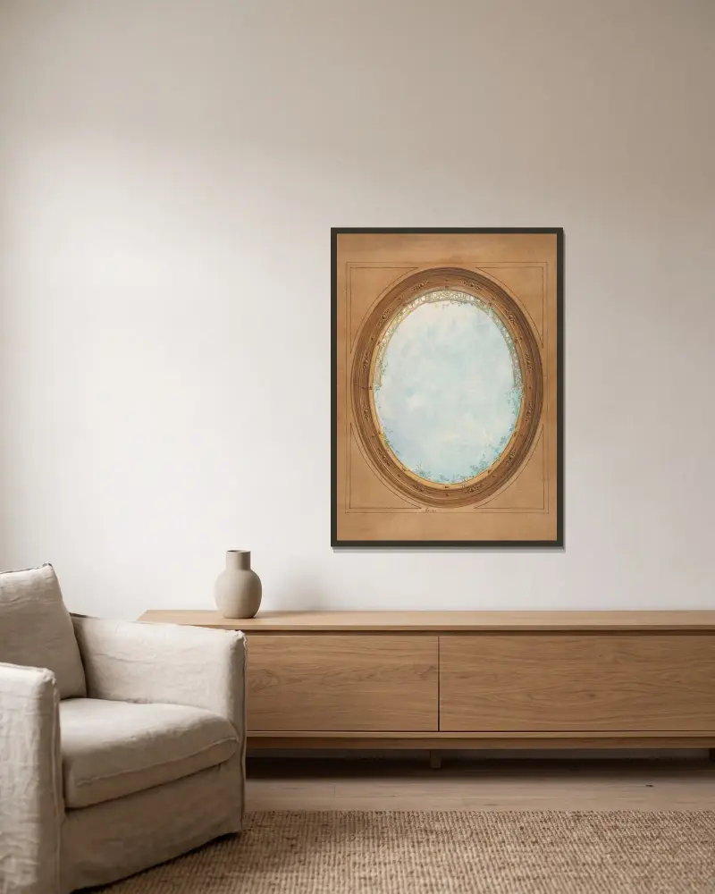 Tak med trompe l'oeil-balustrad och himmel av Jules-Edmond-Charles Lachaise inramad på en vägg