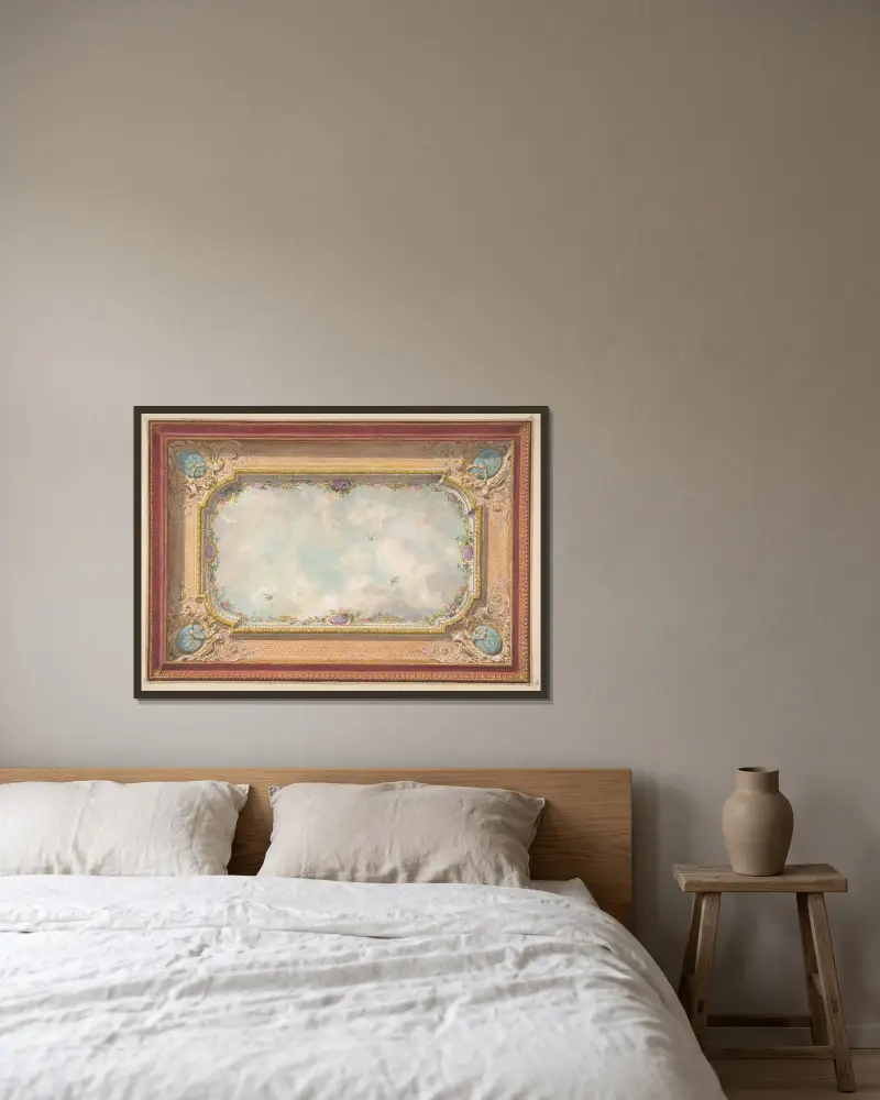 Takdekor med trompe l'oeil-himmel av Jules-Edmond-Charles Lachaise inramad på en vägg