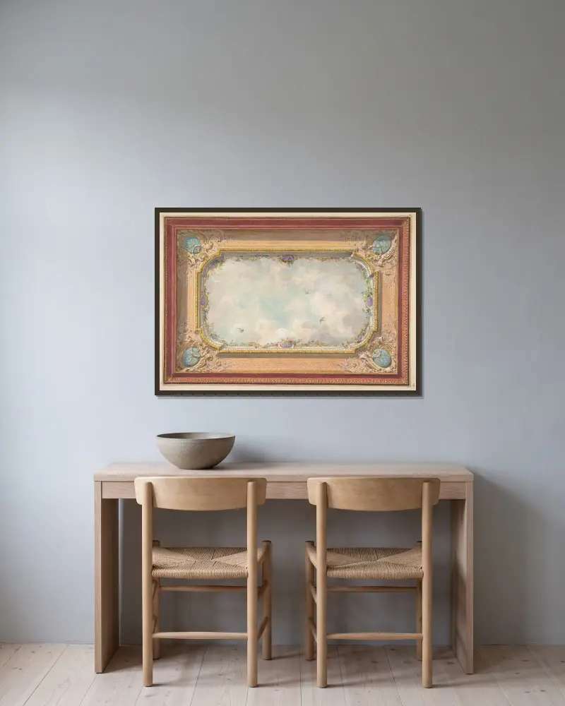 Takdekor med trompe l'oeil-himmel av Jules-Edmond-Charles Lachaise inramad på en vägg
