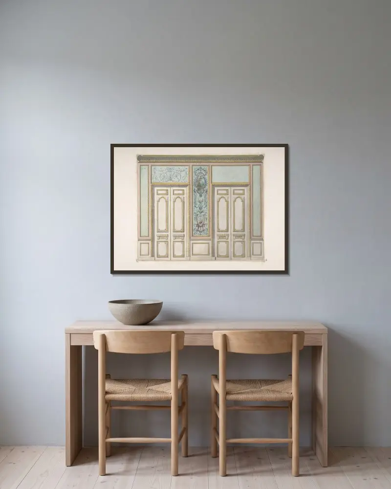 Design för ett par dörrar förenade av en ornamentpanel av Jules-Edmond-Charles Lachaise inramad på en vägg