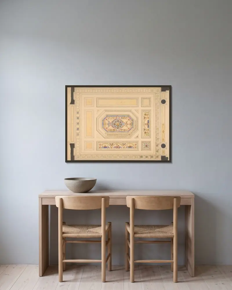 Entwurf für eine Kassettendecke mit Putten, Vögeln und Blumenmotiven – Nr. 2 von Jules-Edmond-Charles Lachaise gerahmt an einer Wand