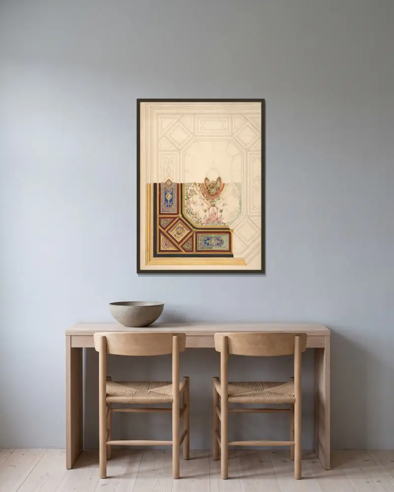 Design för ett paneltak att målas med groteska motiv av Jules-Edmond-Charles Lachaise inramad på en vägg