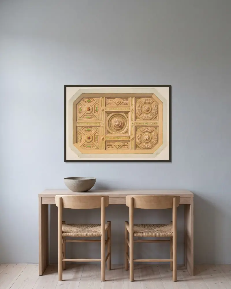 Design för kassettak med målad dekor av Jules-Edmond-Charles Lachaise inramad på en vägg
